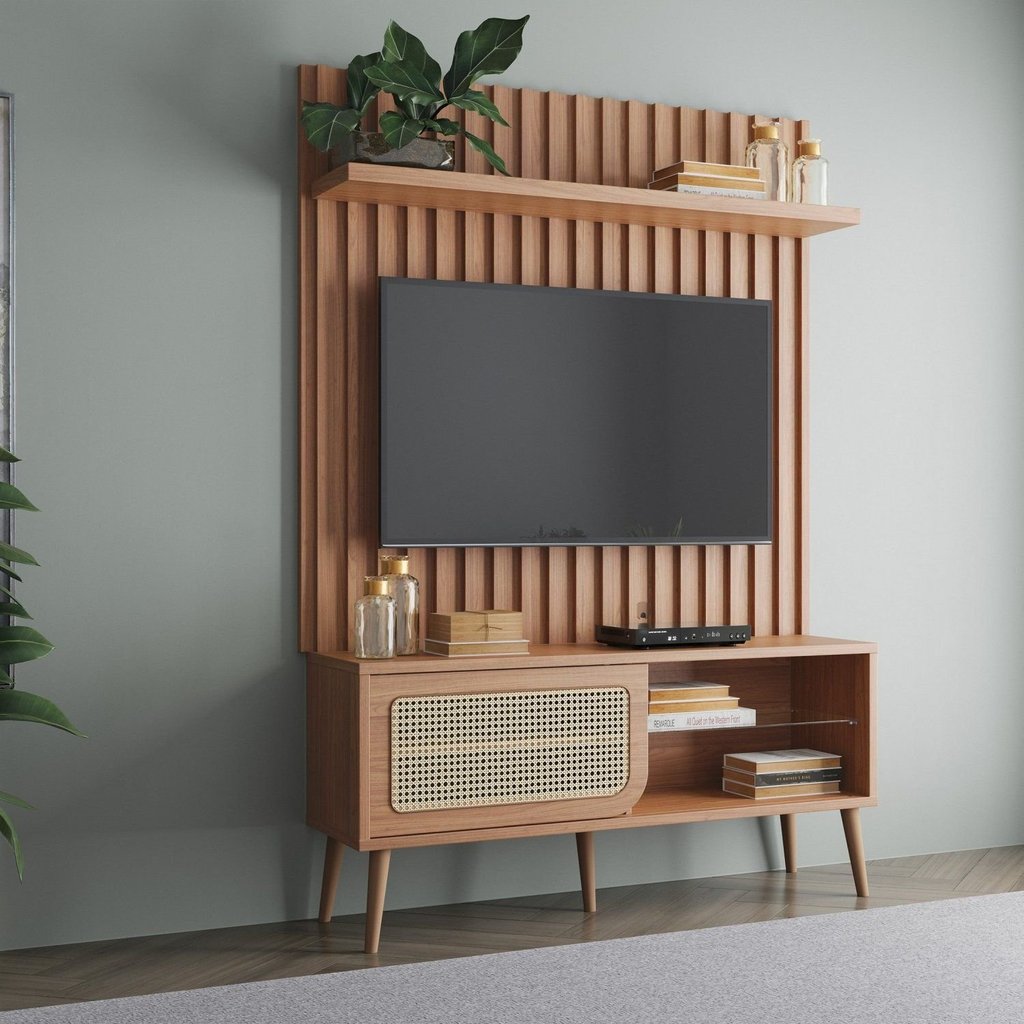 Rack com Painel Ripado Retrô para TV até 55 Polegadas 100% MDF 139CMX197CM Porta Telada Marrom Não