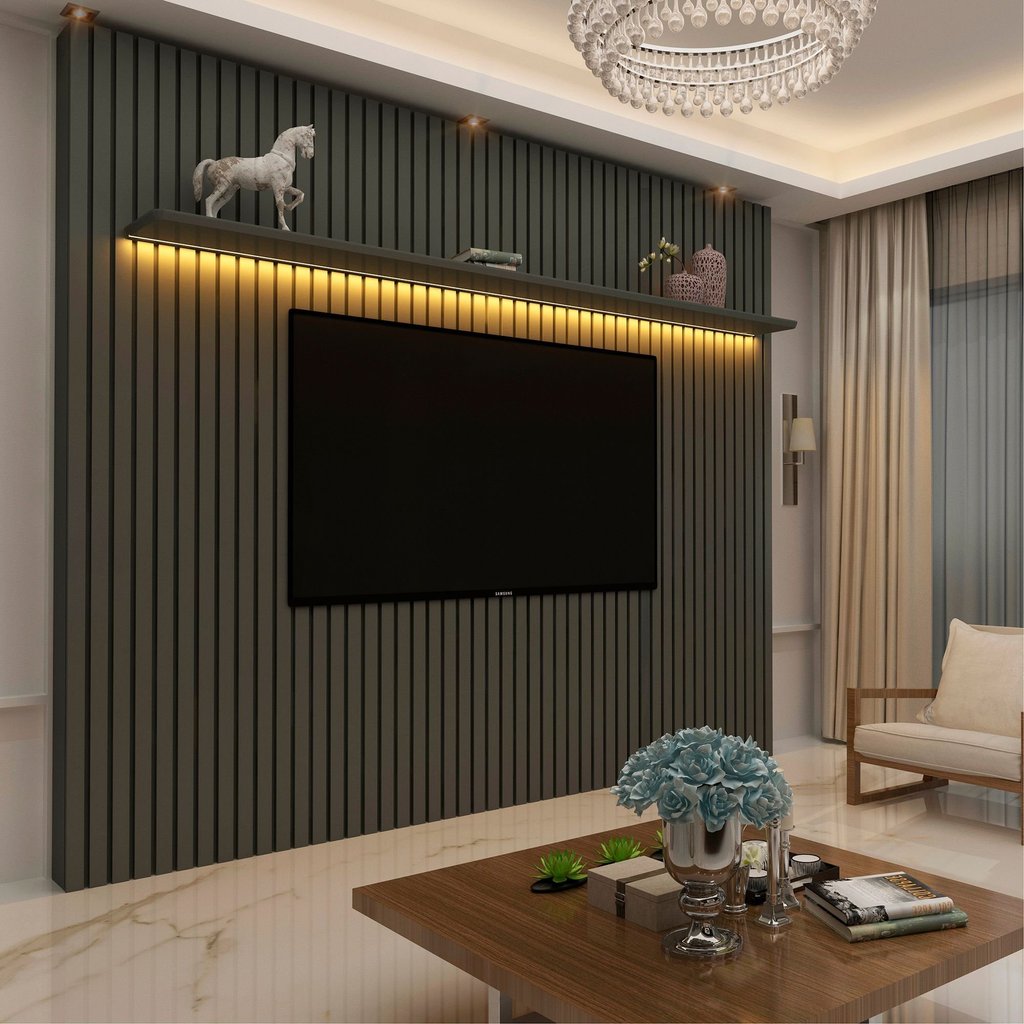 Painel Ripado para TV até 90 Polegadas com LED 100% MDF 230CMX250CM Nobre Cinza Grafite