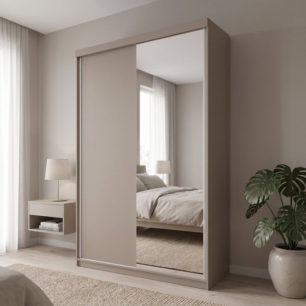 Guarda-Roupa Solteiro 2 Portas e 1 Espelho 100% MDF Geneve Bege/Panna Panna