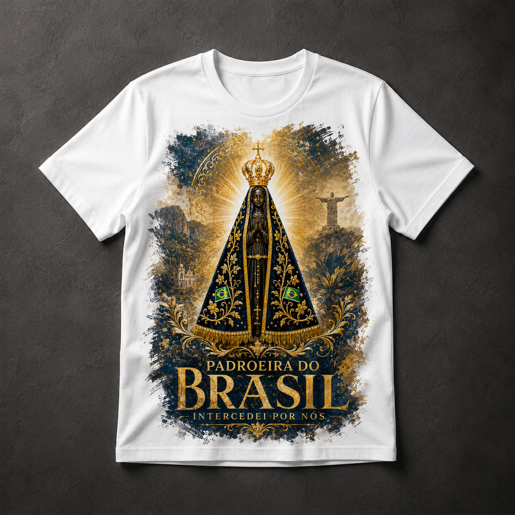 Camiseta Nossa Senhora Aparecida Padroeira do Brasil Intercedei por Nós Religiosa Masculina