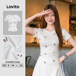 Lovito Cereja Casual Camiseta Branca T-shirt com Ruched para Mulheres Primavera/Verão L166AD404