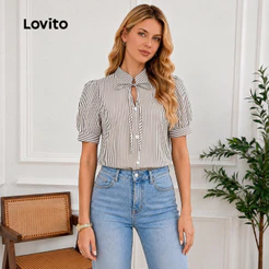 Lovito Casual Blusa com Cadarço Formal Oficial Blusa Primavera/verão para Mulheres Bordado LK3LD362