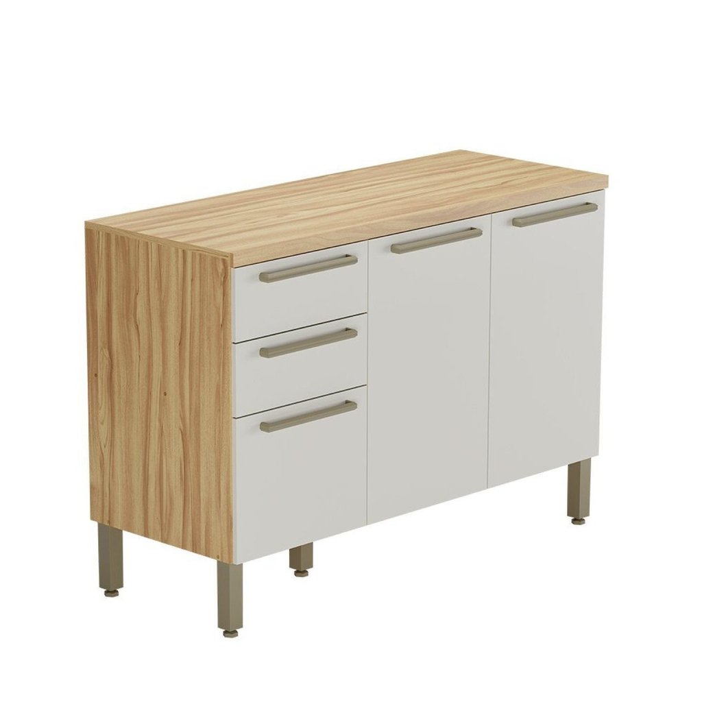 Balcão de Cozinha 120cm com 3 Portas 2 Gavetas e Tampo 100% MDF Itália Espresso Móveis Bege/Amêndoa/ Amêndoa/Off