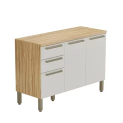 Balcão de Cozinha 120cm com 3 Portas 2 Gavetas e Tampo 100% MDF Itália Espresso Móveis Bege/Amêndoa/ Amêndoa/Off