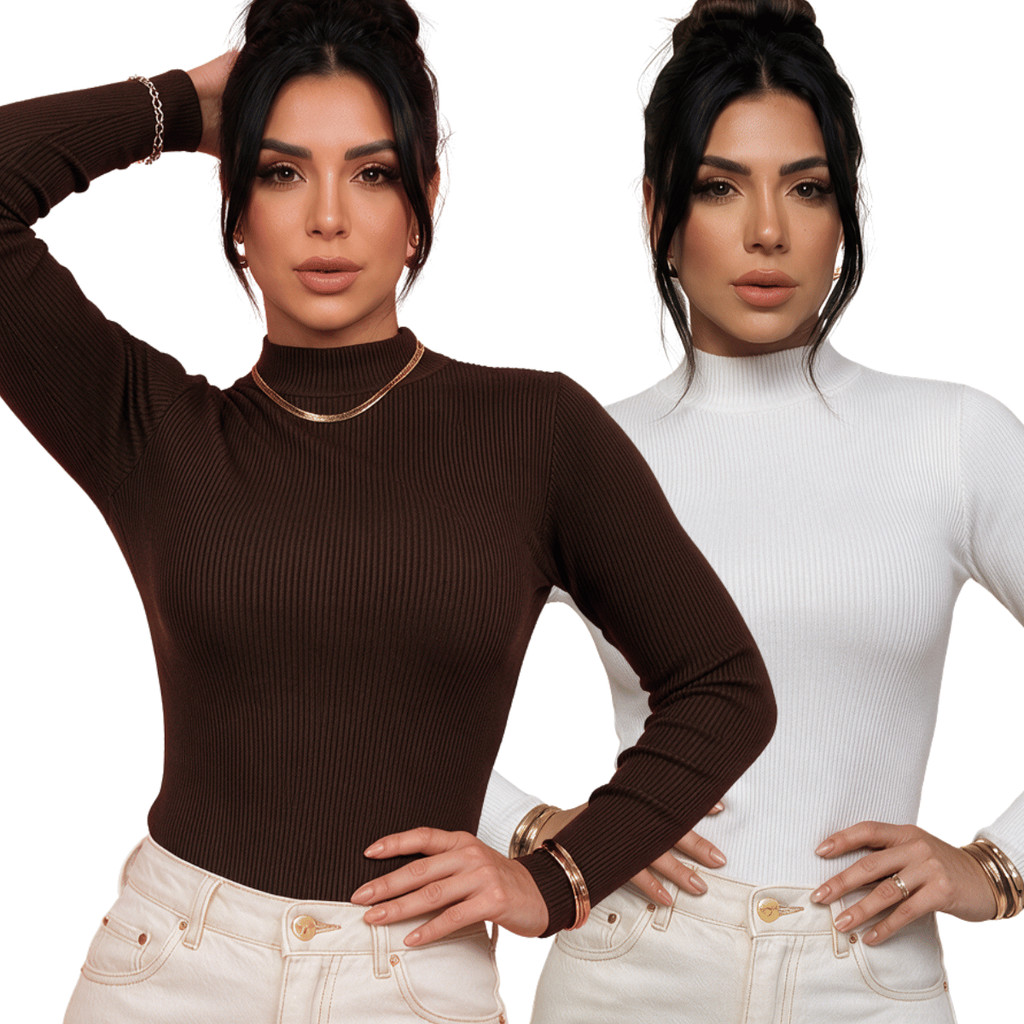 Kit 2 Blusa Feminina Manga Longa Gola Alta Cacharrel Canelada Confortável Básica Ideal Para Inverno Elegante