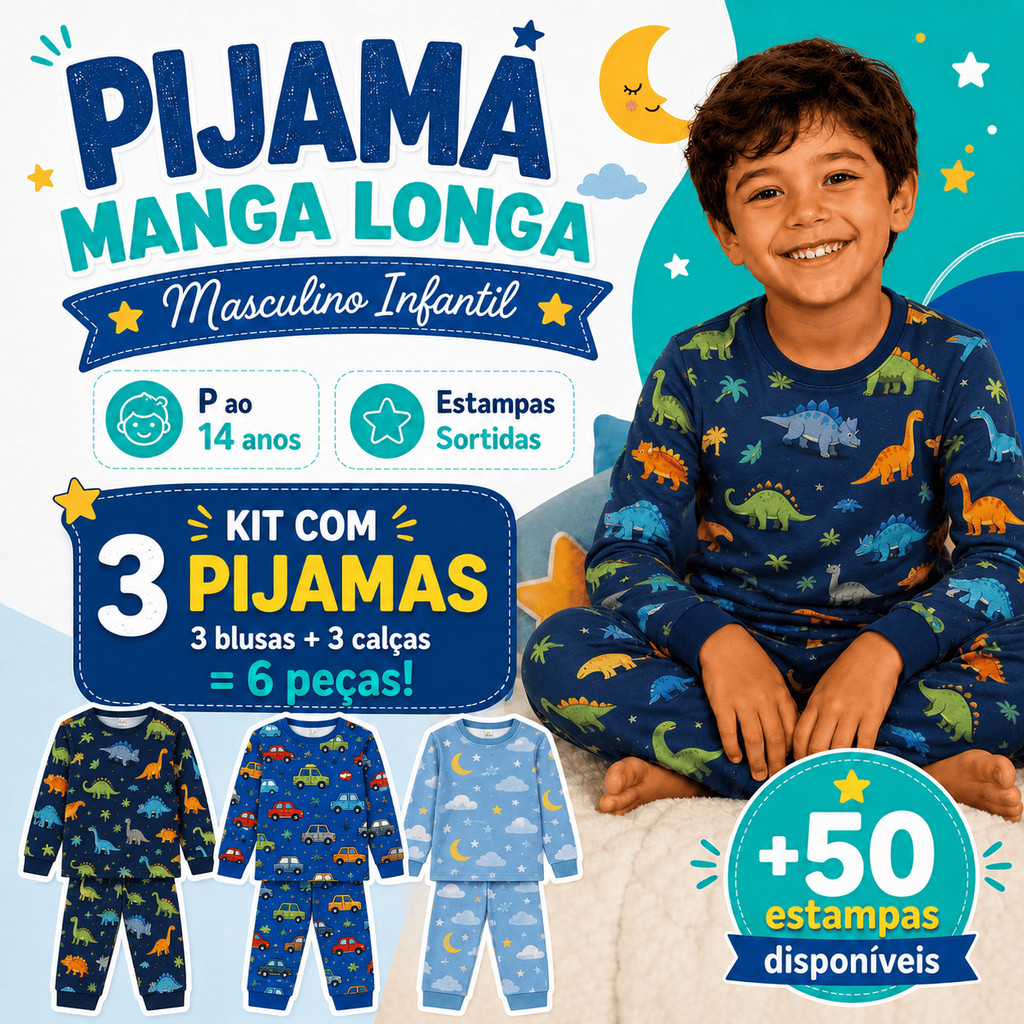 Kit 03 Pijamas Bebê Infantil Criança Manga Longa Inverno Menino Roupa de Dormir 6 Peças Estampas Sortidas