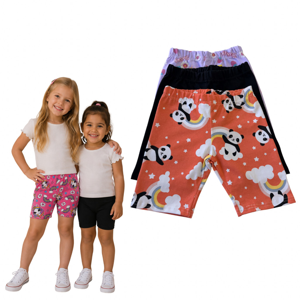 Kit 3 Short Infantil Cotton Ciclista Menina Estampado Algodão