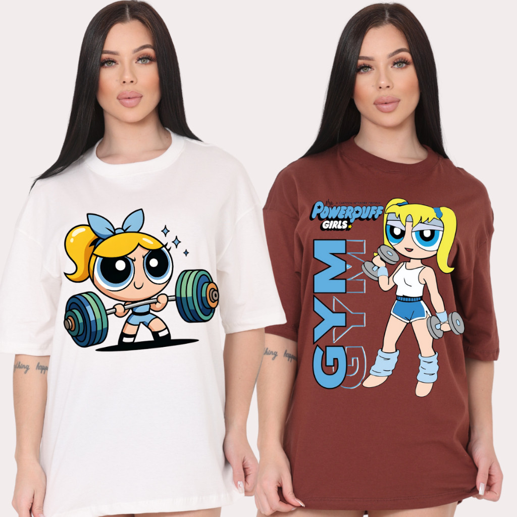 KIT 2 Camisetas Feminina Oversized Moda Academia As Meninas Super Poderosa GYM