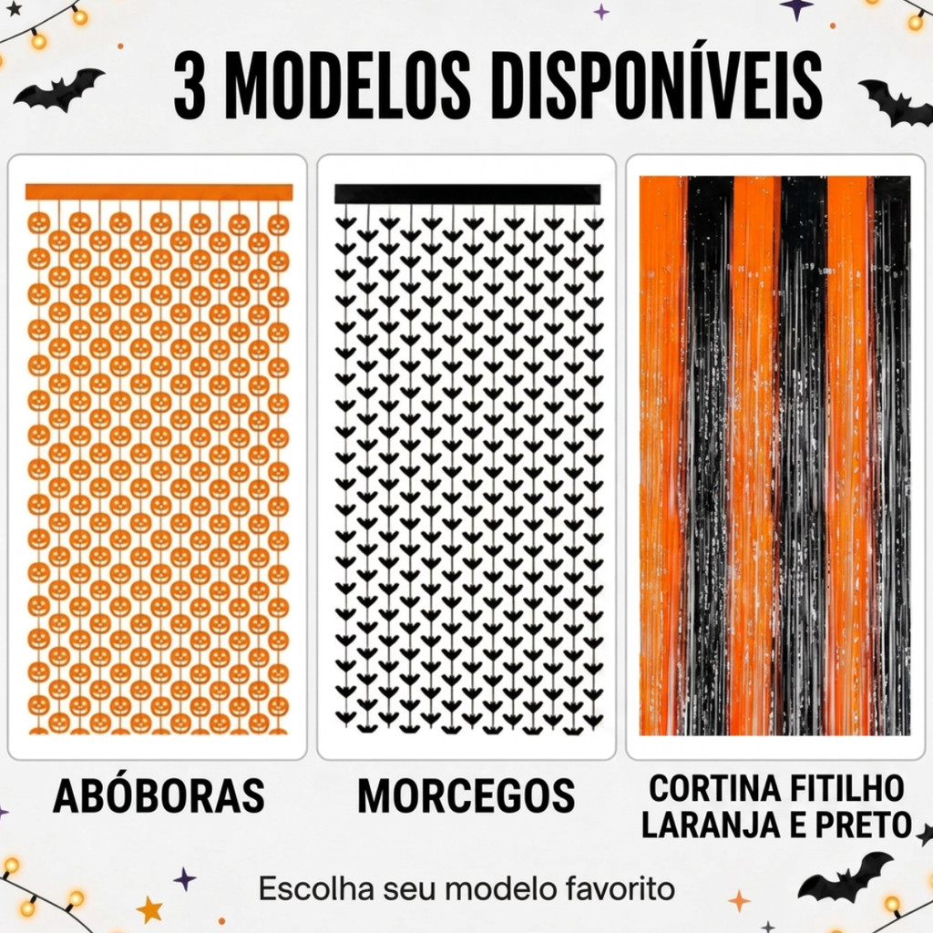 Cortina Metalizada Halloween 2x1m – Decoração Festa Dia das Bruxas Abóbora e Caveira