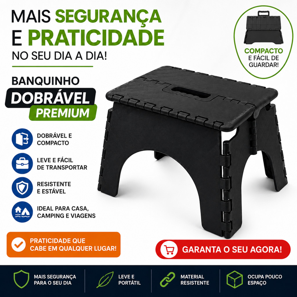 Banco Plástico Dobrável Multiuso Banquinho Portátil Reforçado Banqueta 100kg Antiderrapante Compacto Camping Casa Fácil