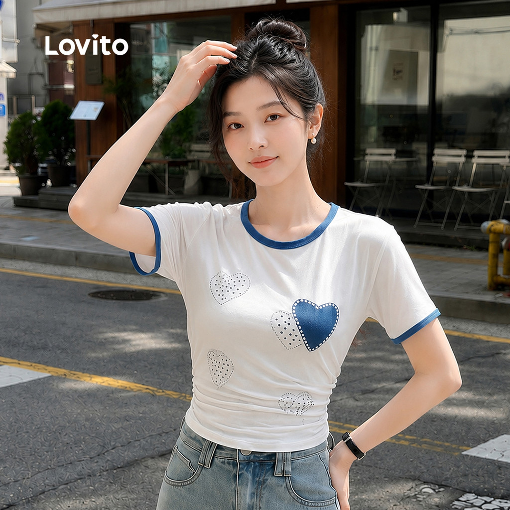 Lovito Camiseta Casual Coração Cores Contrastantes Primavera/verão Off White para Mulheres TSB199P2D788 — imagem 2 de 2