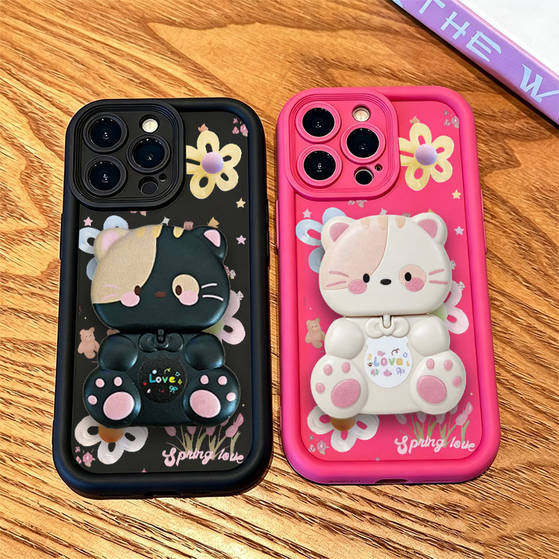 Gato Bonito 3D Suporte Fosco Silicone Caso Com Espelho De Maquiagem Para Samsung A17 A07 A56 A36 A55 A54 A16 A15 A14 A05