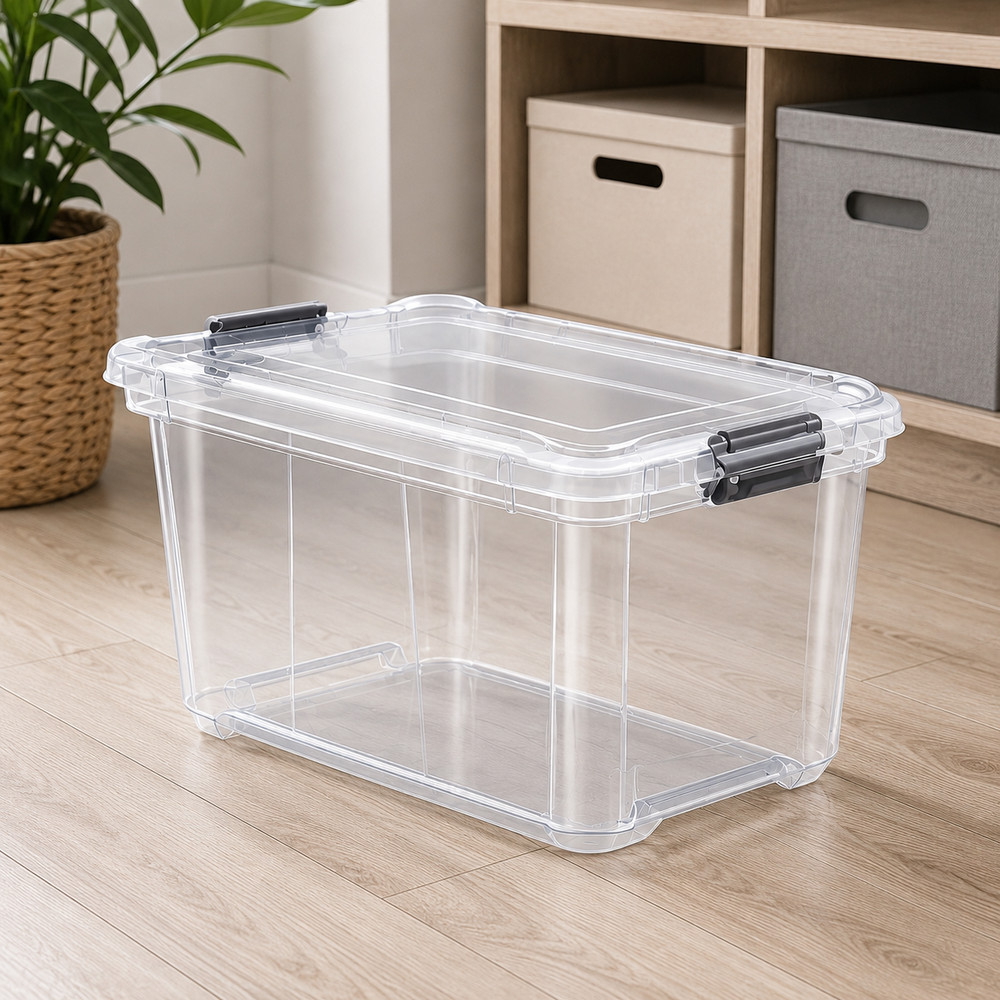 Caixa Organizadora com Tampa 12,5L 27L 50L Plástico Resistente Empilhável Multiuso Para Casa Escritório