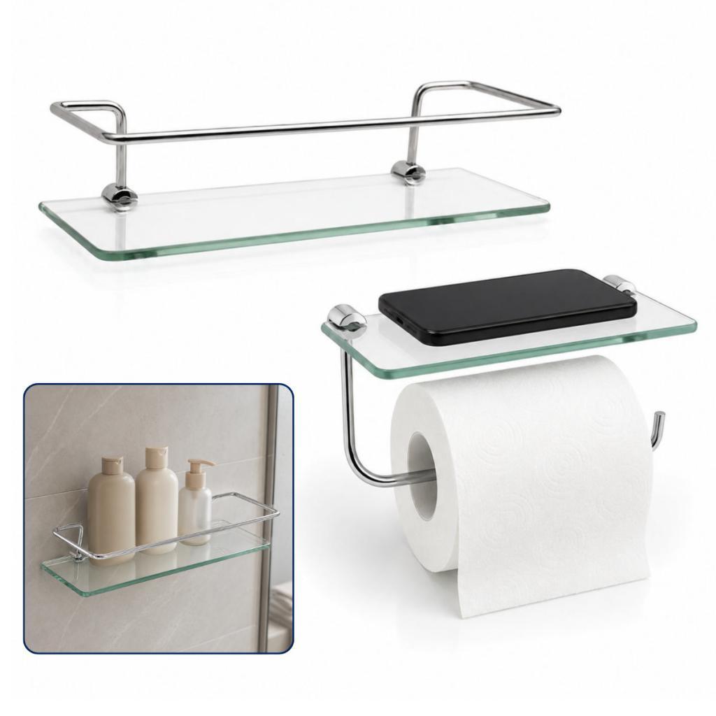 Kit Banheiro Veneza Porta Shampoo Vidro 30cm + Papeleira com Porta Objetos e Celular