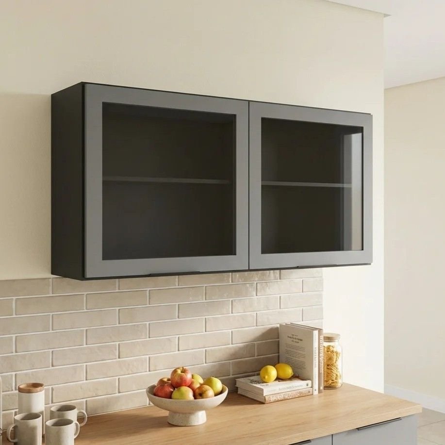Armário de Cozinha Aéreo 120cm 2 Portas com Vidro Etna Grafite Cinza