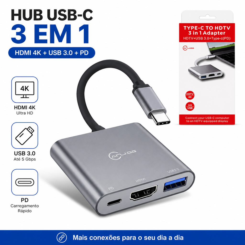 Hub USB C 3 em 1 HDMI 4K USB 3.0 5Gbps Adaptador Tipo C PD OTG