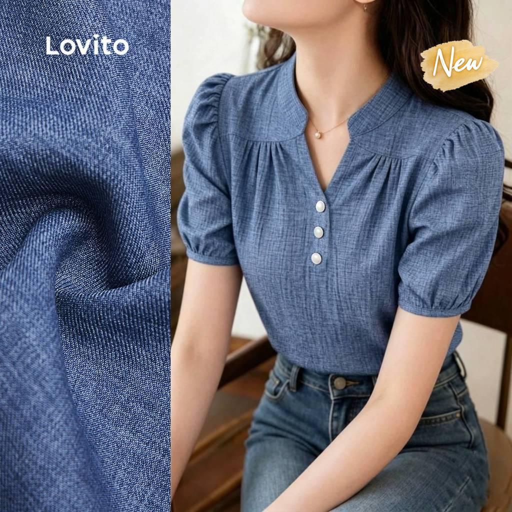 (New Arrival) Lovito Blusa Elegante Plissada Plisada Azul Primavera/verão Blusa Feminina L198ED367