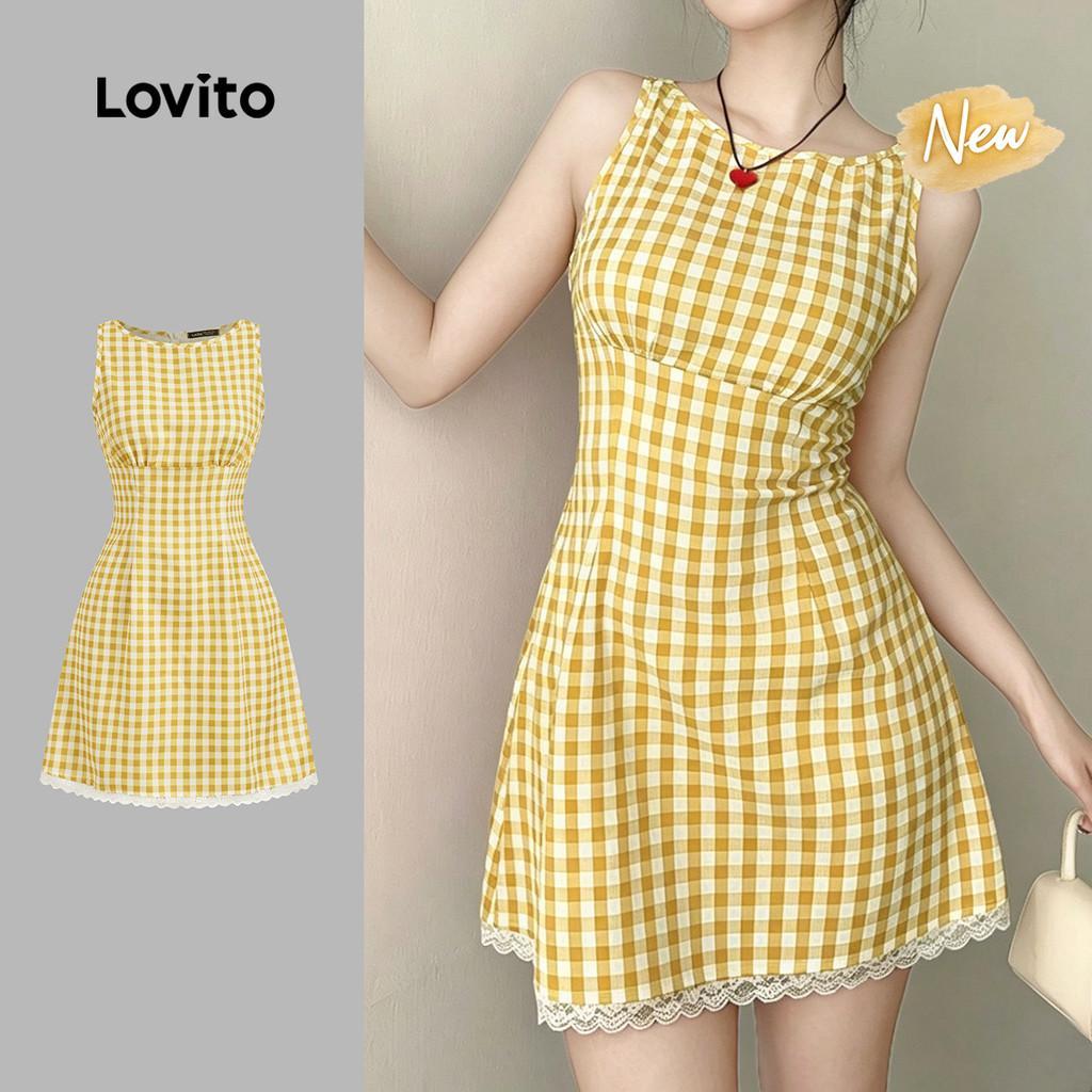 (New Arrival) Lovito Vestido Boho Amarelo Feminino Linha de Estrutura com Zíper 