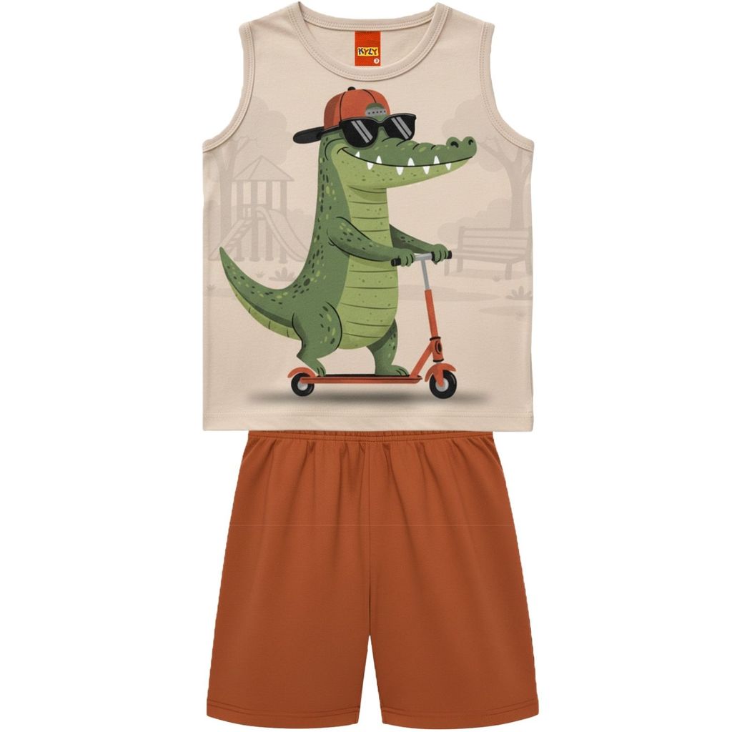 Conjunto Infantil Kyly Menino Bege Verão Regata Dinossauro e Bermuda 1001884