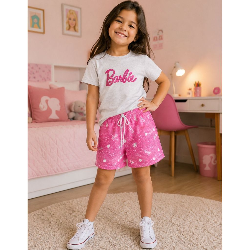 Conjunto Infantil Feminino Camiseta e Shorts Estampados Personagens Moda Verão Menina