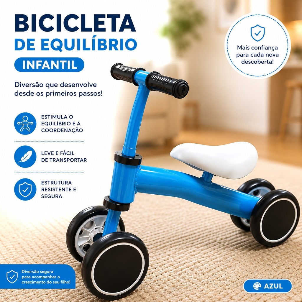 Bicicleta Infantil de Equilíbrio Azul Sem Pedal Balance Bike Crianças Leve Resistente