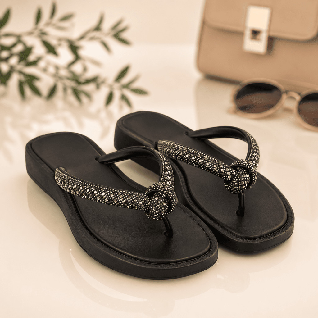 Sandália Rasteirinha Feminina Chinelo Casual Bico Quadrado com Strass Nó Delicado Confortável
