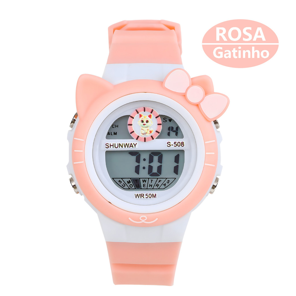 Relógio Infantil Rosa Gatinho com LED – Digital, Resistente