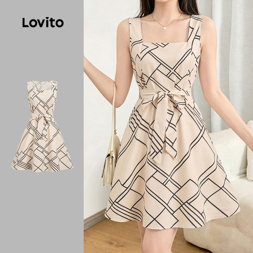 (New Arrival) Lovito Vestido Casual com Cinto Estampa de Verão Leve e Cor Caqui 