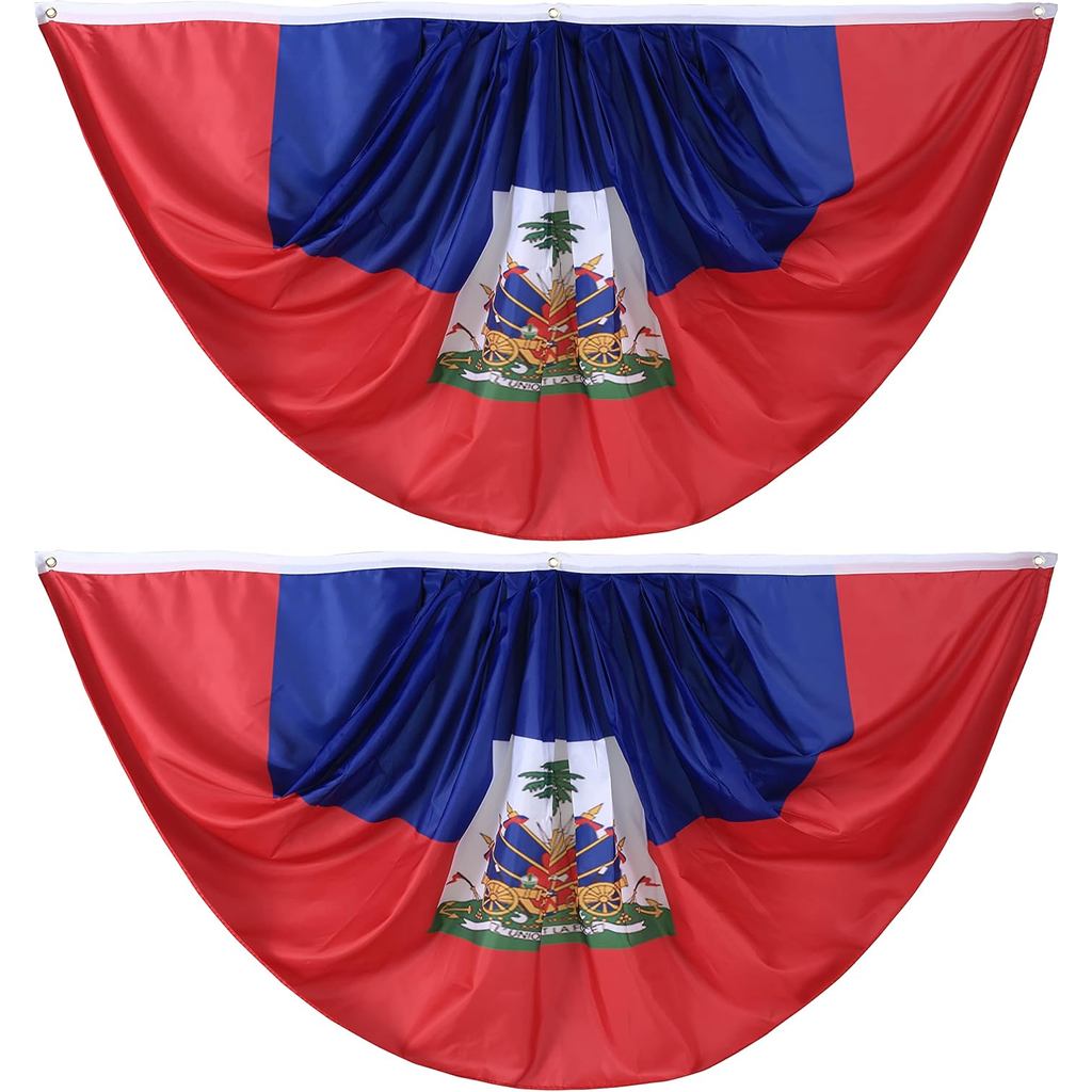 Haiti Haitian Pleated Fan Flag Bunting 3 x 6 Ft Haiti Pleated 2 Pcs Fan Flag Banner Indoor/Outdoor/Front Porch Decoratio