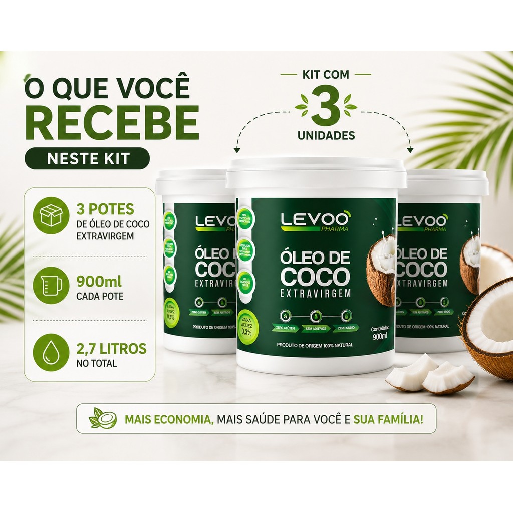Kit 3 Oleo de Coco extravirgem 900ml Baixa Acidez Sabor Coco Fresco — imagem 2 de 2