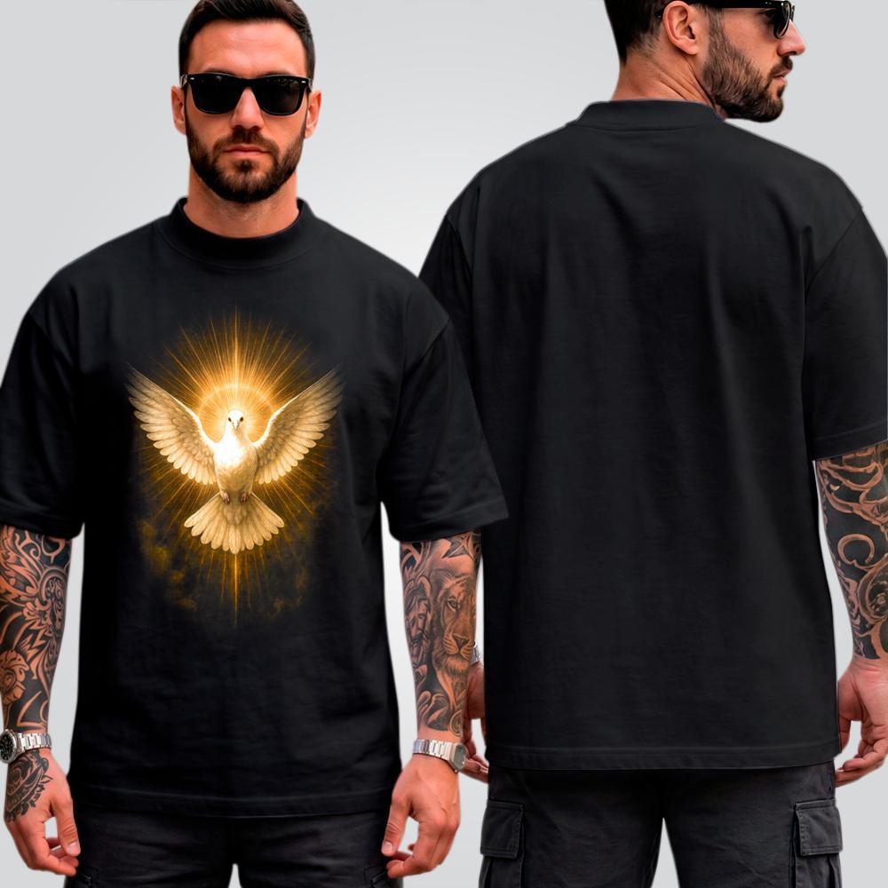 Camiseta Masculina Oversized Suedine Estampada Pombo Paz Halftone Streetwear Cristã