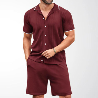 Terno casual Masculino Verão Nova Cor Sólida Gola Quadrada De Manga Curta cardigan De Malha shorts Conjunto De Duas Peça