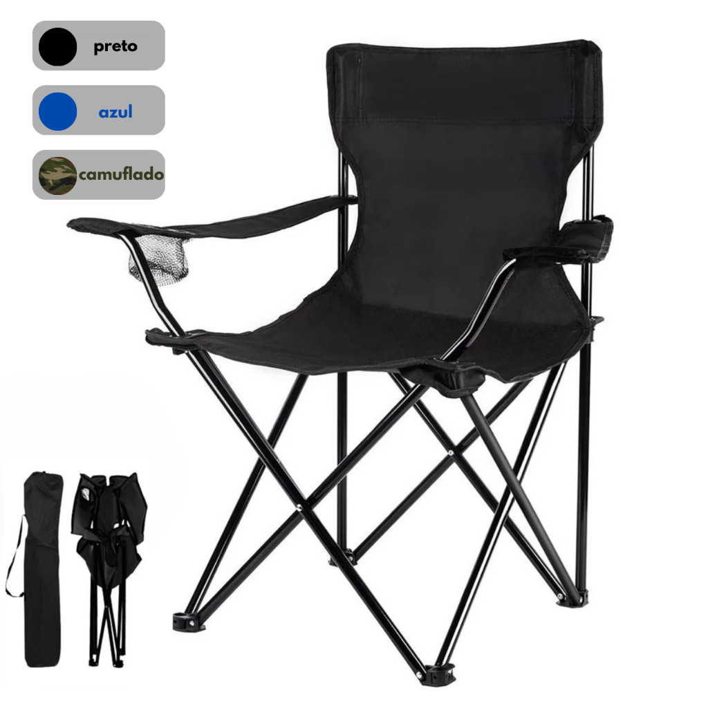 Cadeira Camping Dobrável Com Porta Copos e Bolsa Pesca Praia Acampamento 130kg
