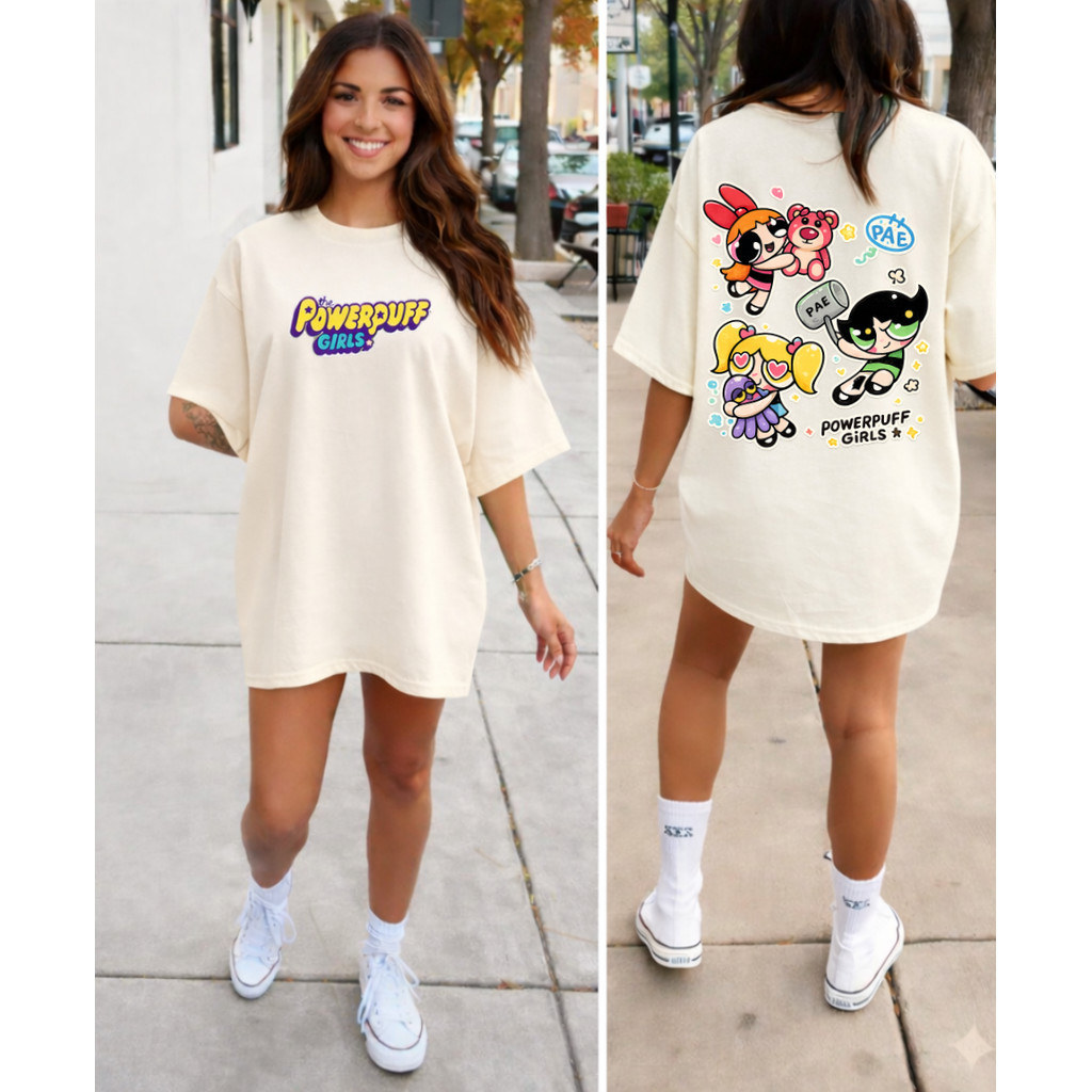 Camiseta Oversized Feminina 100% Algodão PowerPuff Poderosas Fofo Treino Academia Musculação Fit
