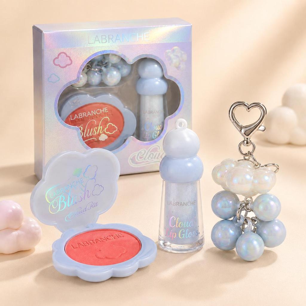 Combo Kit Maquiagem 3 Peças Blush Compacto + Lip Gloss Brilho Labial + Chaveiro Decoração Cosmético
