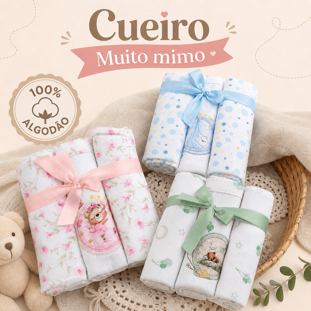 Kit 3 Cueiros Bebê Manta Flanelada Estampada 80x80 100% Algodão Swaddle Enxoval Recém-Nascido Menino Menina
