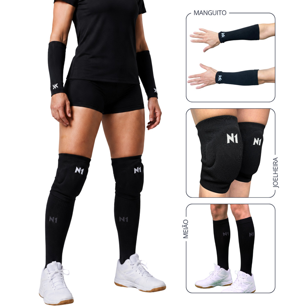 Kit Vôlei Joelheira Slide e Meião Cano Longo N1 Sport + Manguito Curto Kanxa