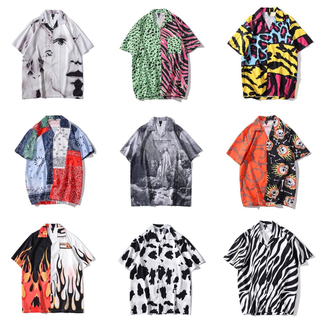 [Novo produto] Camisa retrô estampada Digital casal manga curta estilo fino solto camisa de praia preguiçosa masculina [