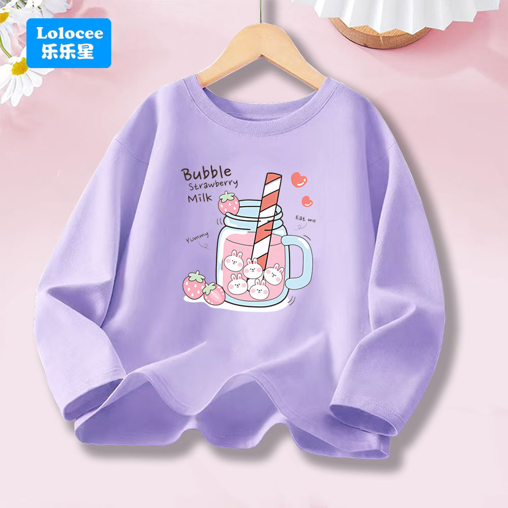 Meninas Manga Longa Topo Doce Morango Bebida Impressão Gráfica Pele Amigável Algodão Crianças Camiseta Casual Wear 3-14 