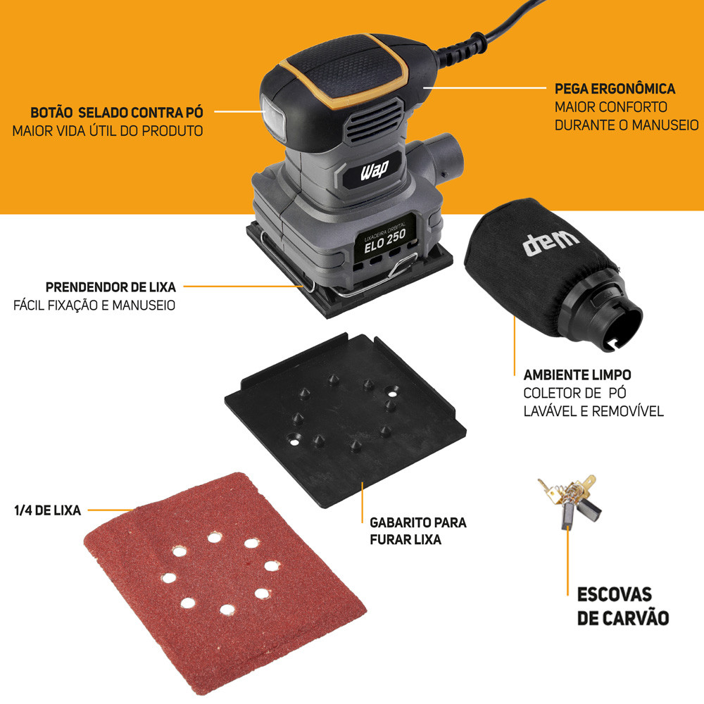 Lixadeira Elétrica de Mão Profissional 250W Orbital Cinza 14000 OPM WAP ELO 250 Coletor 240ml — imagem 2 de 2