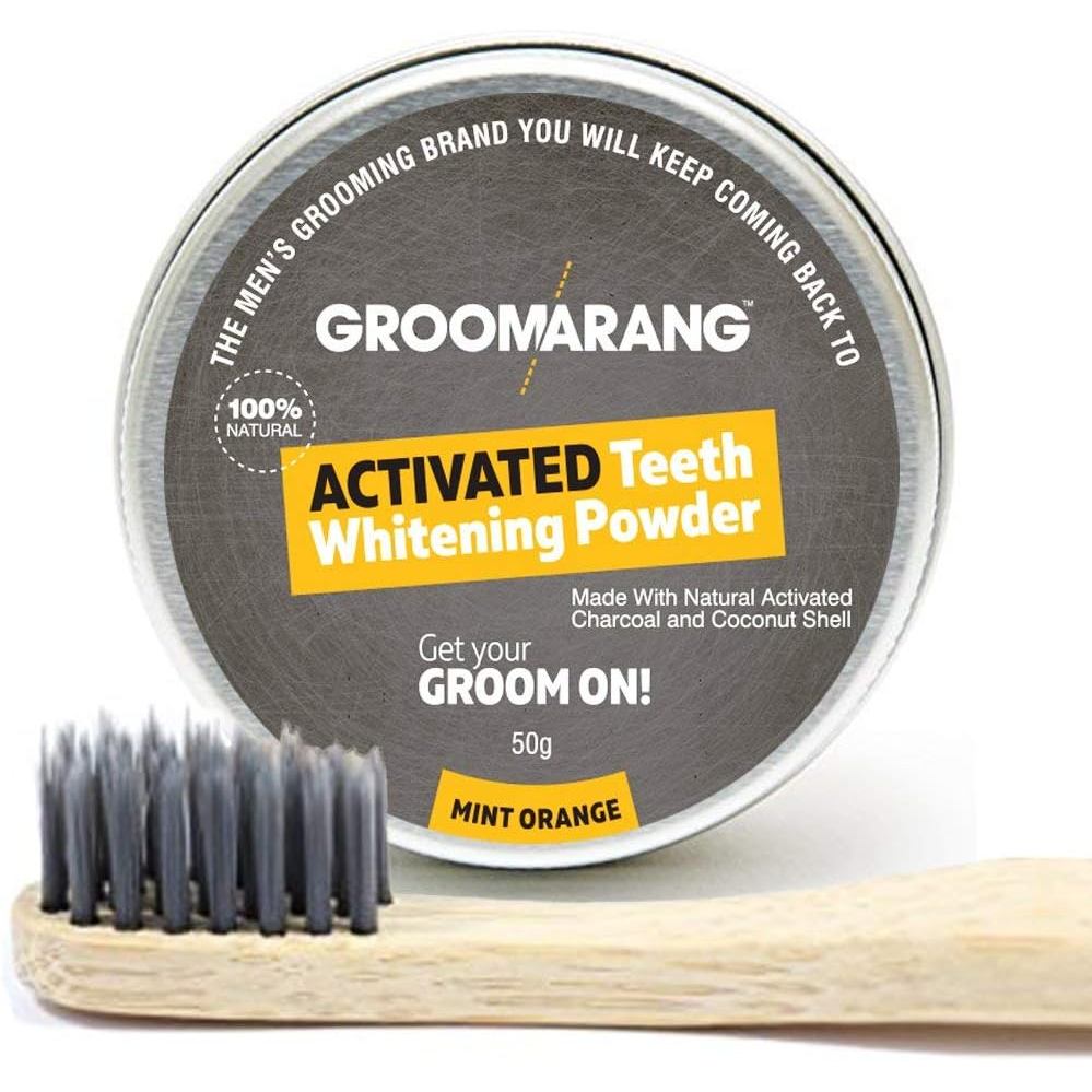 Pó Clareador Dental de Carvão Ativado e Casca de Coco com Sabor de Menta e Laranja 50g + Escova de Dentes de Bambu GRÁTI