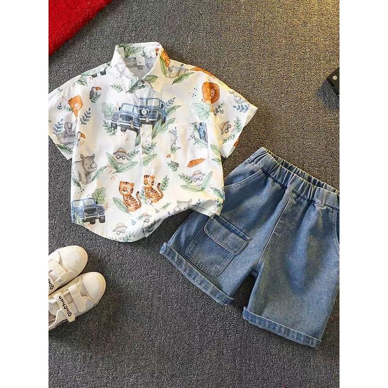 Meninos camisa de verão terno novo estilo estilo ocidental pequenas crianças dos desenhos animados impresso camisa de ma