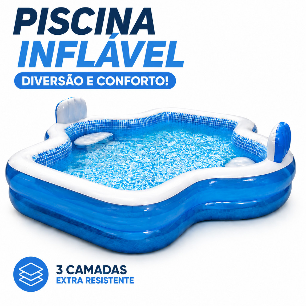 Piscina Inflável Familiar com Encosto, Material Resistente e Seguro, Fácil de Montar para Lazer e Diversão no Quintal.