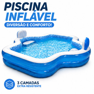 Piscina Inflável Familiar com Encosto, Material Resistente e Seguro, Fácil de Montar para Lazer e Diversão no Quintal.