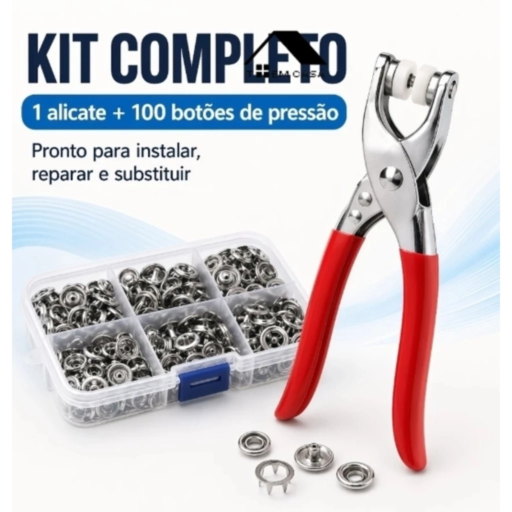 Kit Alicate Aplicador Com 100 Botões De Metal Pressão Para Costura Roupa