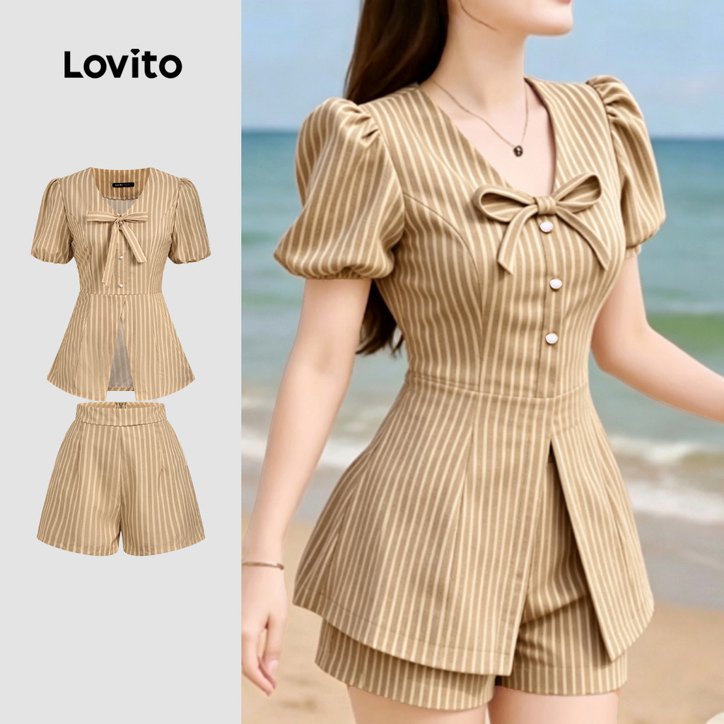 (New Arrival) Lovito Elegantes Tops ou Primavera/verão Top Cáqui Tops ou Calças
