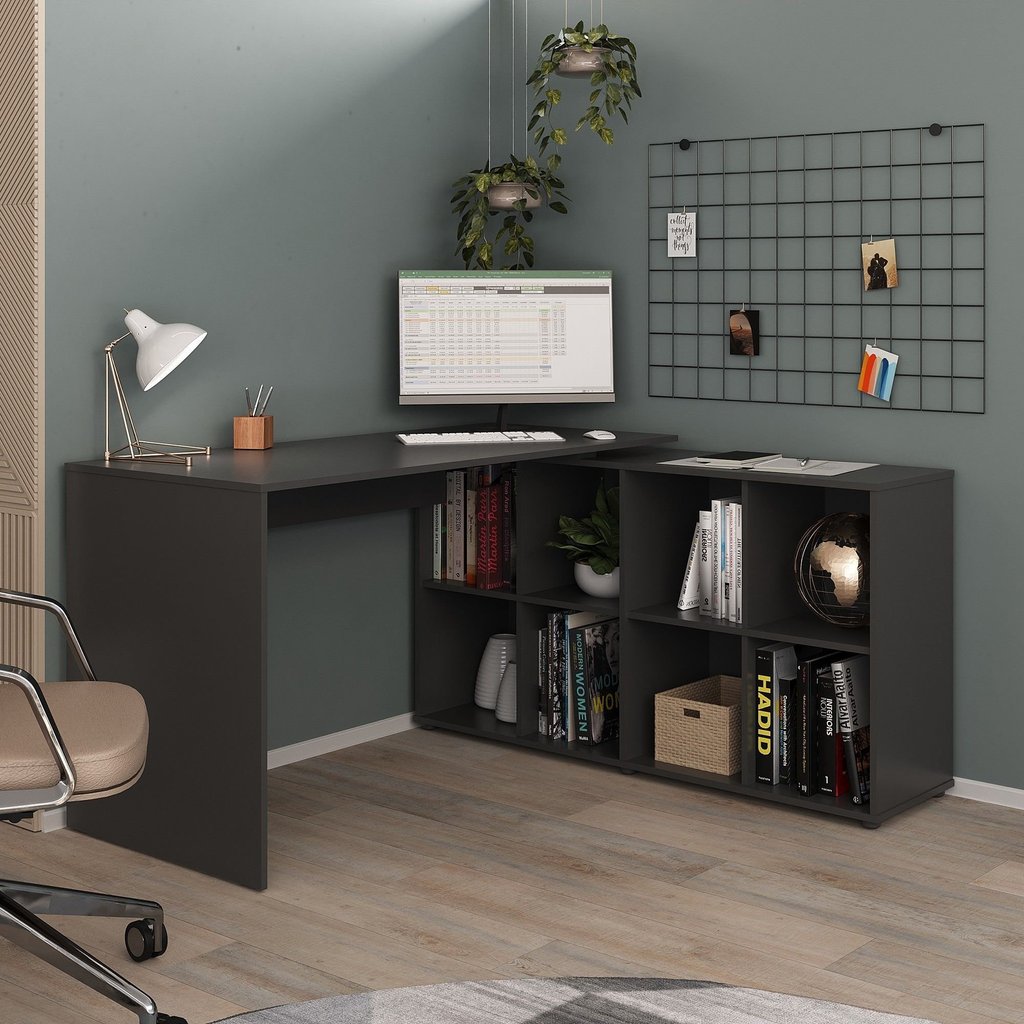 Escrivaninha Mesa Escritório Ergonômica e Atemporal em L com para Armazenamento Nero 8 Nichos 135cm Preto
