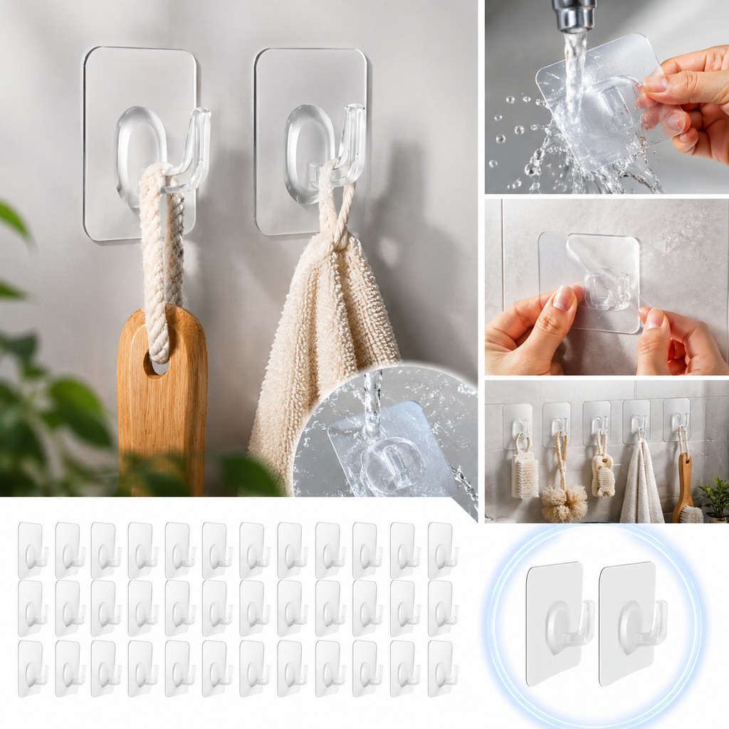 Ganchos Adesivos Transparentes 30 Peças | Fixação Segura Sem Furos para Cozinha, Banheiro e Organização