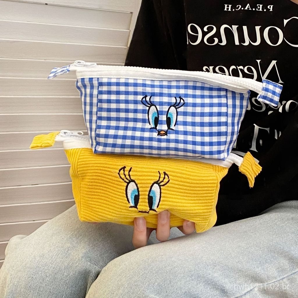 Estojo de Lápis Fofo Kingfisher Versão Coreana, Bolsa de Papelaria Xadrez Bordada, Caixa de Papelaria de Desenho Animado