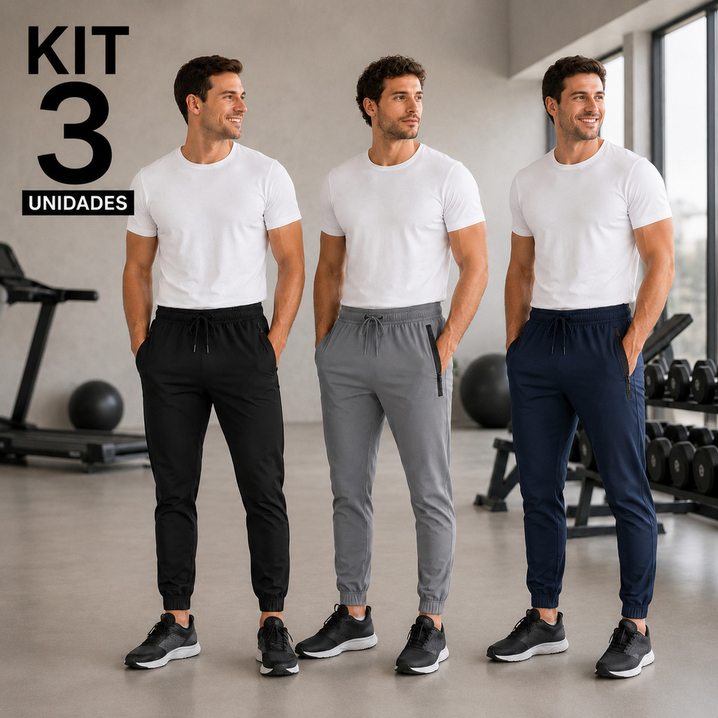 Kit 3 Calça Masculina Jogger Com Elastano Academia Esportiva Fitness Slim Dry Fit Leve